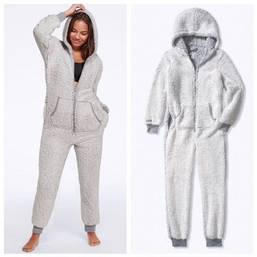 Pink Victorias Secret Grey Oasis Sherpa Zip Up Hoodie Onesie One Piece